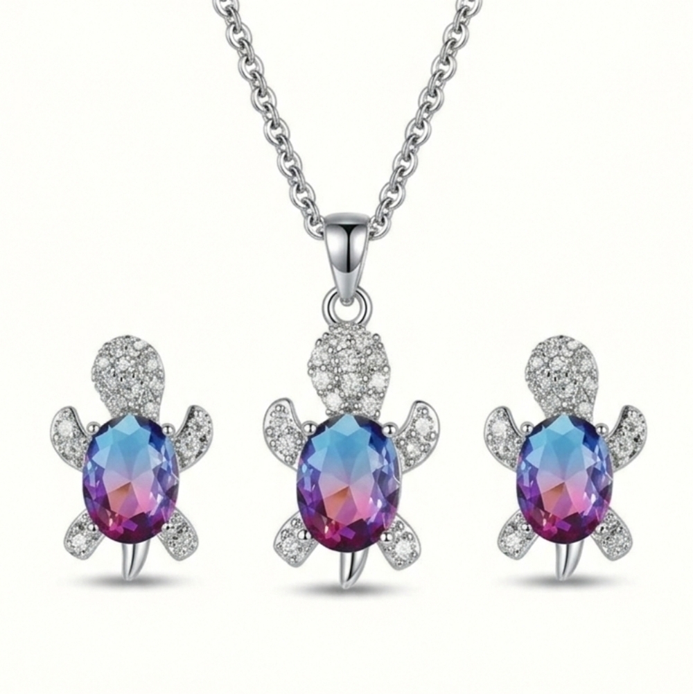 🆕️ Silver and Blue Purple Turtle Earring & Necklace Set  NWOT